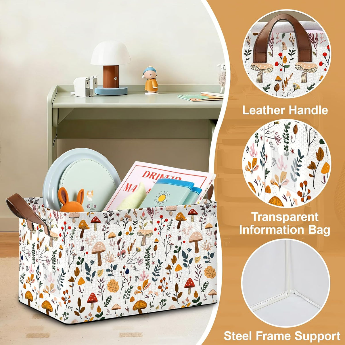 Decorative 32L Mushroom Storage Bins with Handles, Organization and Storage, Cube Storage Organizer for Hamper, Nursery