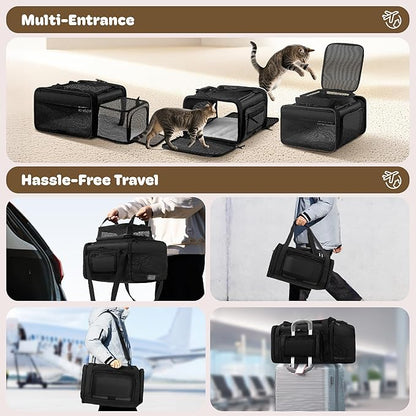 Top and 2 Sides Expandable Large Cat Carrier 18x13.5x9.5, TSA Airline Approved Dog Carriers for Large Dogs, Soft-Sided Pet Carrier with Self-Locking Zippers for Kitten,Rabbit, Puppy, Guinea Pig Black