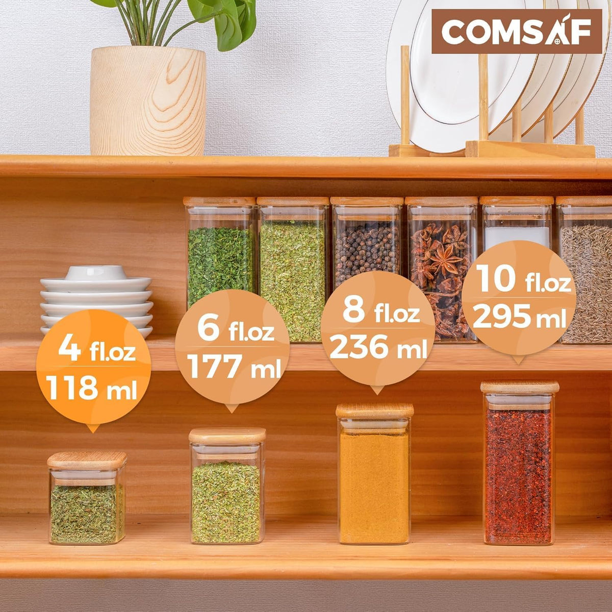 ComSaf Spice Jars with Labels 4 oz 6Pack, Small Spice Containers Starter Set, Glass Seasoning Jars with Lids, Square Seasoning Containers for Salt, Pepper, Chili Powder, Sugar, Ginger Ground, Cumin