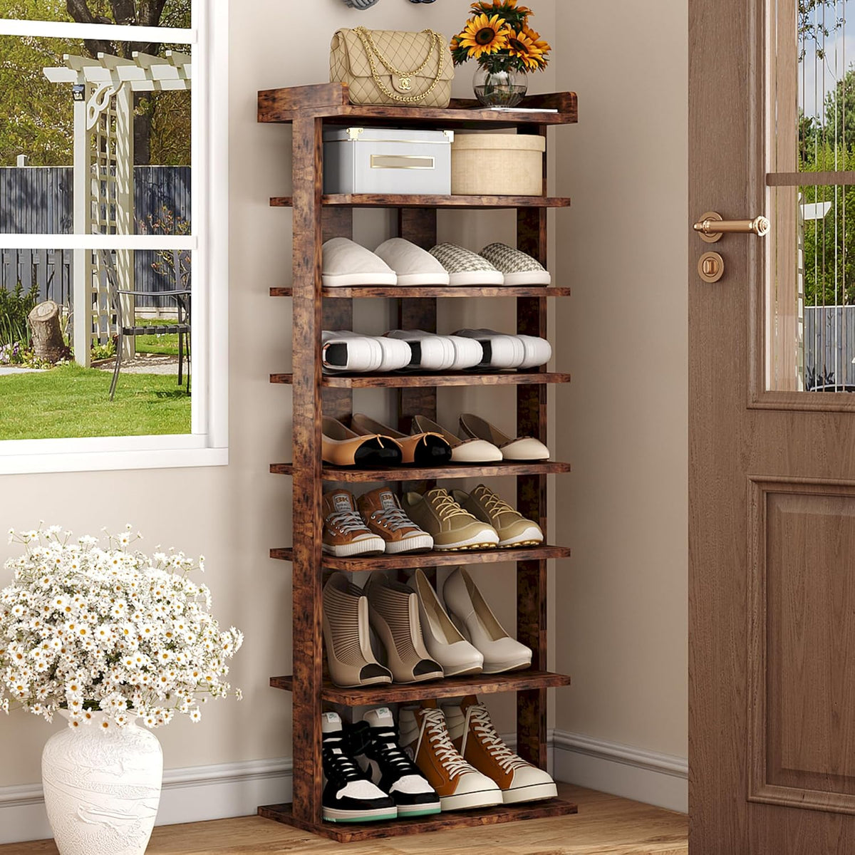 HOMEFORT 7-Tier Wood Shoe Rack, Double Rows Shoe Shelf, Shoe Storage Stand, Entryway Shoe Tower, Vertical Shoe Organizer for Narrow Closet, Entryway, Hallway, Rustic Brown