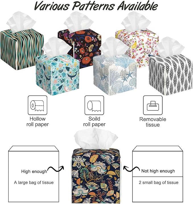 Colorful Floral Flowers Tissue Box Cover,PU Leather Tissue Box Holder Square,Modern Home Decoration for Bathroom Living Room Kitchen Office Car,5.2"×5.2"×5.2"