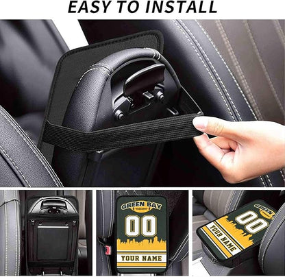 Custom Green Bay Car Armrest Covers Personalized Football Style with Name Number Customized Auto Center Console Pad Car Handrail Box Cushion for Most Vehicle Decor Accessories, Fans Gift