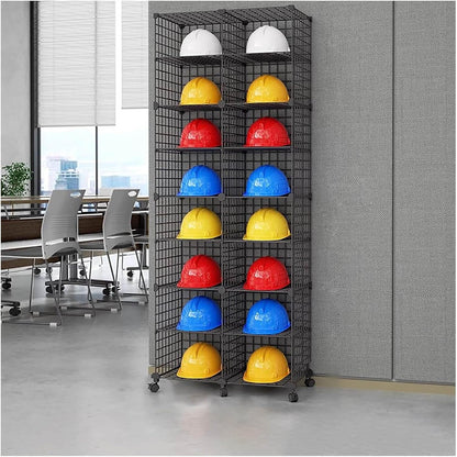 Stackable Safety Helmet Storage Boxes, Large Adjustable Hard Hat Placement Organizer Rack,with Wheels,for Construction Site/Garage/Workshop/Factory Helmet Display Shelf (Black, 16 Grids-2 * 8)