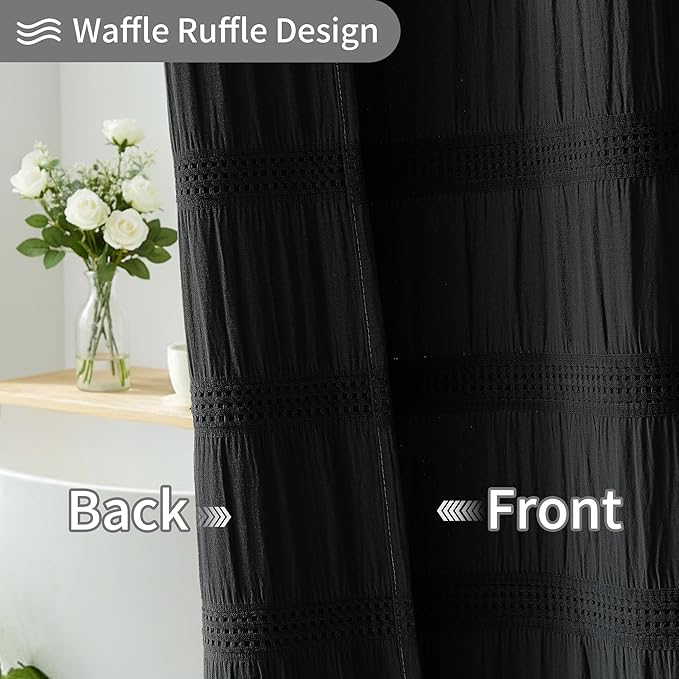Lameirose Black Shower Curtain Boho, Cotton Blend Waffle Shower Curtain Chic Textured Fabric Shower Curtains for Bathroom, 72 x 72