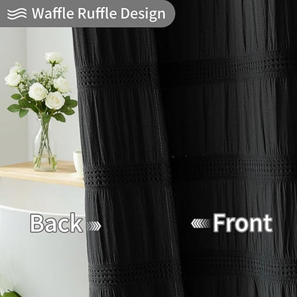 Lameirose Black Shower Curtain Boho, Cotton Blend Waffle Shower Curtain Chic Textured Fabric Shower Curtains for Bathroom, 72 x 72