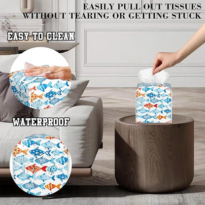 OHEGBXE Tissue Box Holder Watercolor Fish Square Leather Tissue Box Cover Modern Cube Facial Paper Cover Case for Bathroom Vanity Countertop Night Stands Tabletop