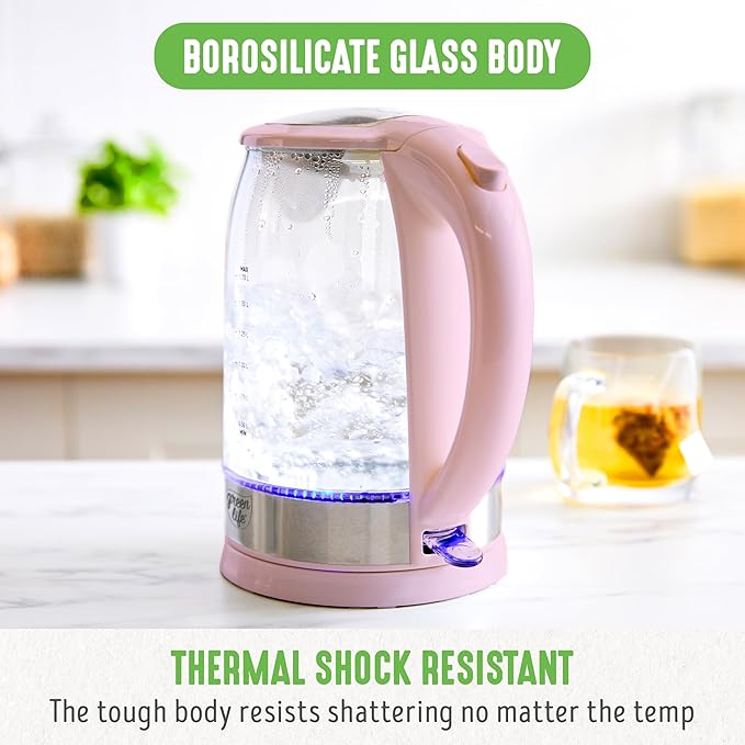 GreenLife 1.7 Liter Glass Electric Kettle, Easy One Touch Use, Quick Heating