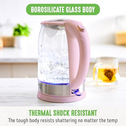 GreenLife 1.7 Liter Glass Electric Kettle, Easy One Touch Use, Quick Heating