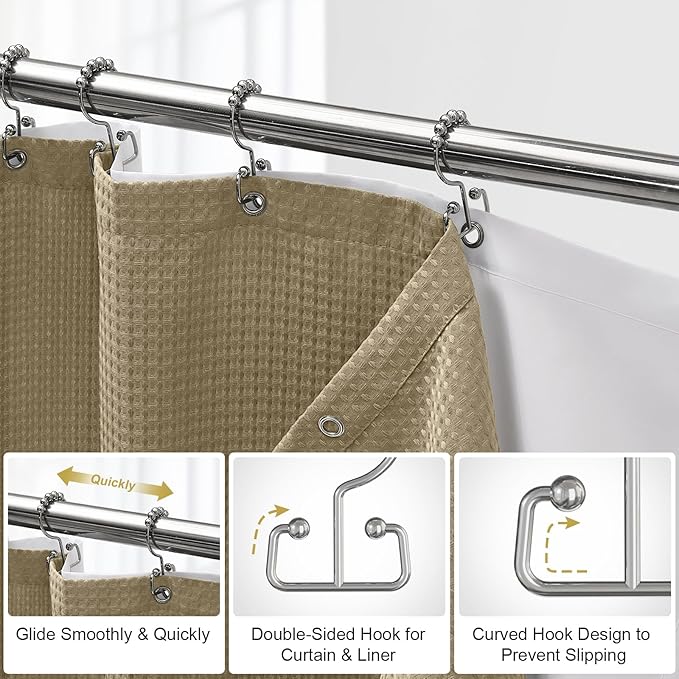 ROLIZOE 3-in-1 Waffle Texture Shower Curtain Set with TPU-Coated Waterproof Liner and 12 Upgraded Double-Sided Hooks, Well-Matched Sizes for a Seamless Fit – Khaki, 72" x 78"