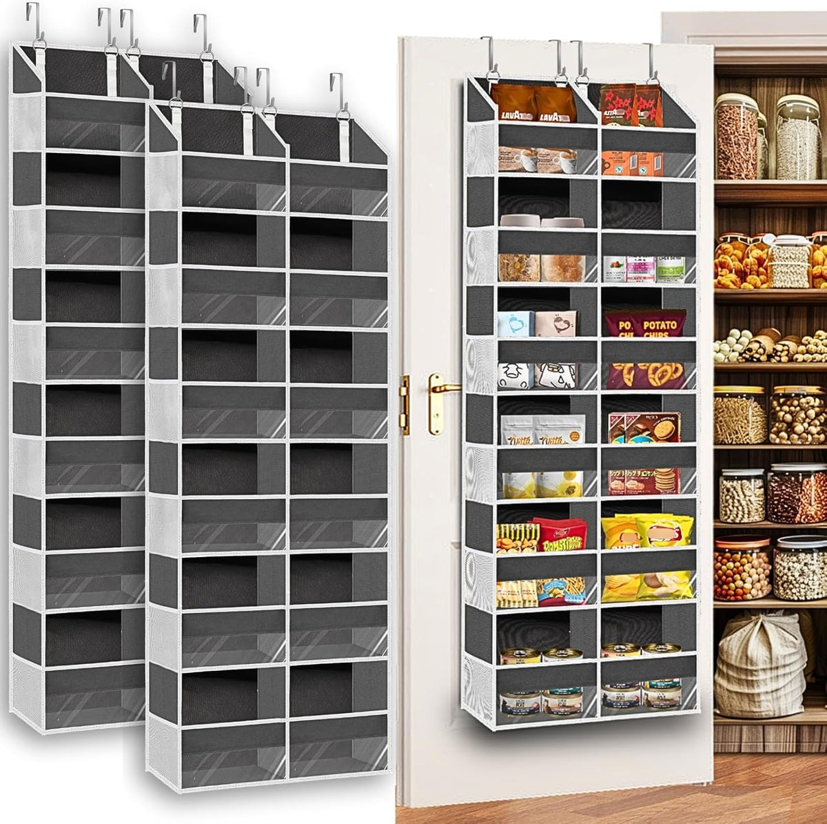 2 Pack Over The Door Organizer 6 Tiers, Extra Large Behind Door Storage of 12 Compartments, 80 lbs Weight Capacity Hanging Storage Organizer with Clear Window Kids Toys,Shoes (6 Tiers - Grey)