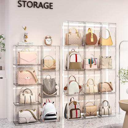 4 Packs Clear Handbag Storage Organizer for Closet, Acrylic Display Case for Purse Handbag, Stackable Purse Organizer Storage Box with Magnetic Door for Wallet Book Toys Collectibles