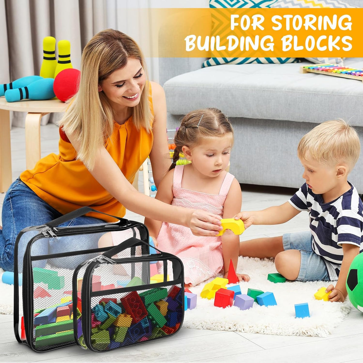 8 Packs Toy Storage Bags with Zipper, Reusable Clear PVC Board Game Storage, Travel Waterproof Organizer Bags with Portable Handle for Building Blocks, Bricks, Puzzles, Books