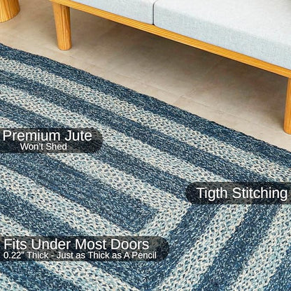 Traditional Jute Braided Runner Rug, Rustic Primitive Country Décor for Kitchen, Entryway, Hallway, Denim Blue, 2'6"X8'