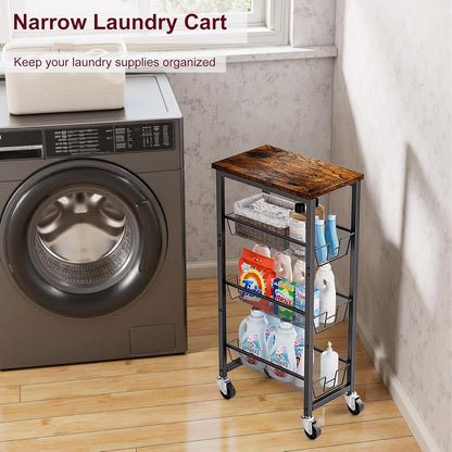 Slim Rolling Cart, 4-Tier Storage Cart, 9.1inch Narrow Kitchen Rolling Cart on Wheels for Small Space, Utility Cart Shelving Unit with Wooden Top and Metal Handle for Kitchen, Bathroom, Laundry Room