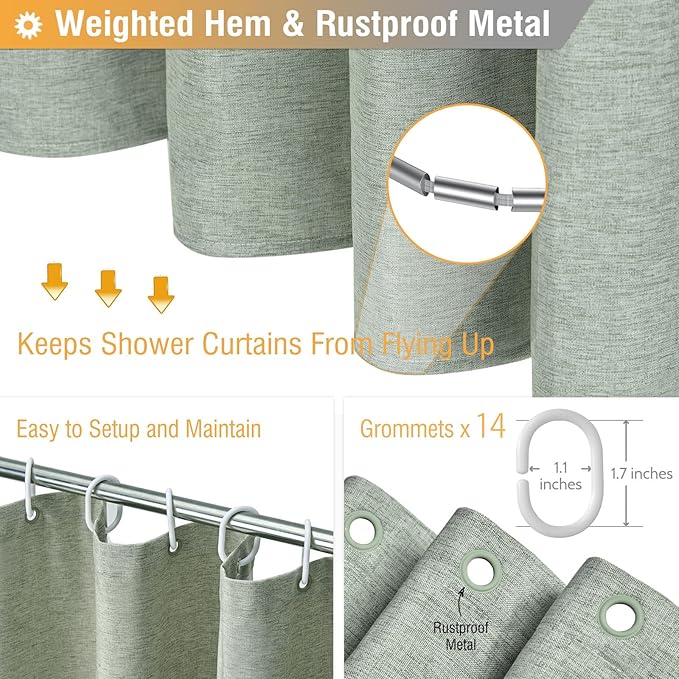 BTTN 84 Inch Wide Shower Curtain - W84xH72 Linen Textured Heavy Duty Fabric Shower Curtain Set with 14 Plastic Hooks, Large Hotel Simple Waterproof Polyester Bath Curtains for Bathroom - Sage Green