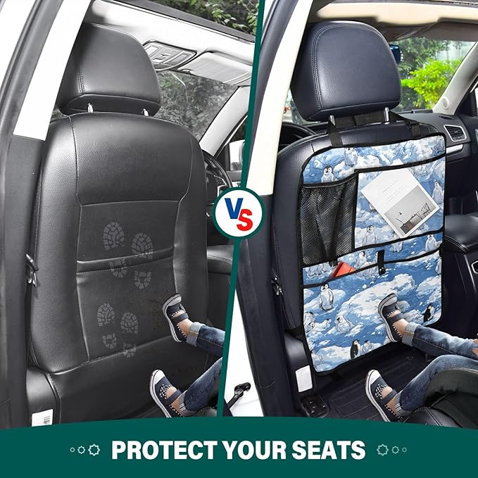 1 Pack Back Seat Car Organizer with Storage Pockets Kick Mats Back Seat Protector Hanging Car Organizer Automotive Seat Back Cover Organizers Blue Penguins Ice Flowers Snow