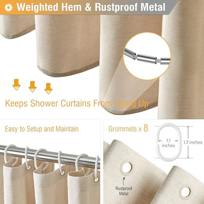 BTTN Stall Fabric Shower Curtain - 48x72 Inch Narrow Linen Textured Heavy Duty Shower Curtain Set with 8 Plastic Hooks, Hotel Spa Luxury Small Waterproof Bath Curtains for Bathroom - Cream/Beige
