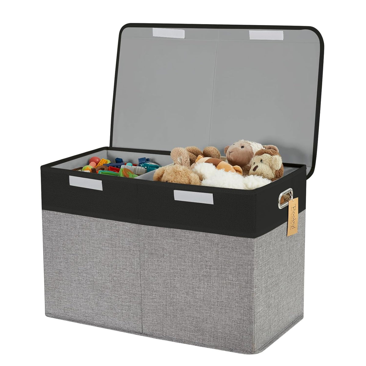 Large Toy Box with Flip-Top Lid, Collapsible Storage Organizer Bins with Dividers and Handles, Kids Bin Chest Baskets for Toys, Playroom Organizers, Nursery 25"x13" x16" (Balck & Gray)