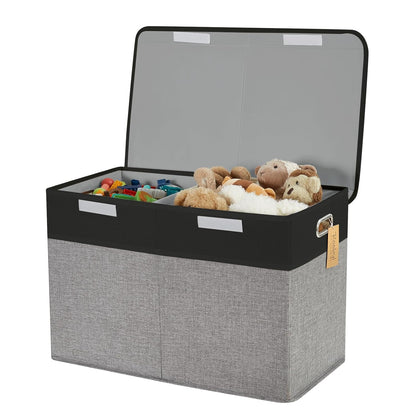 Large Toy Box with Flip-Top Lid, Collapsible Storage Organizer Bins with Dividers and Handles, Kids Bin Chest Baskets for Toys, Playroom Organizers, Nursery 25"x13" x16" (Balck & Gray)