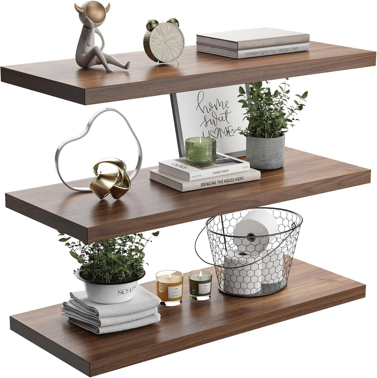 Wall Shelf Set of 3, Walnut Floating Shelves 24 in W x 10 in D x 1 in H, Wooden Floating Wall Shelf with Invisible Brackets for Living Room/Bedroom/Bathroom/Kitchen Storage and Decor