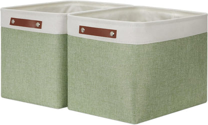 HNZIGE Large Fabric Storage Baskets with Leather Handles, Decorative Foldable Baskets for Organizing Closet & Home (Green, 16" x 11.8" x 11.8" - 2 Pack)