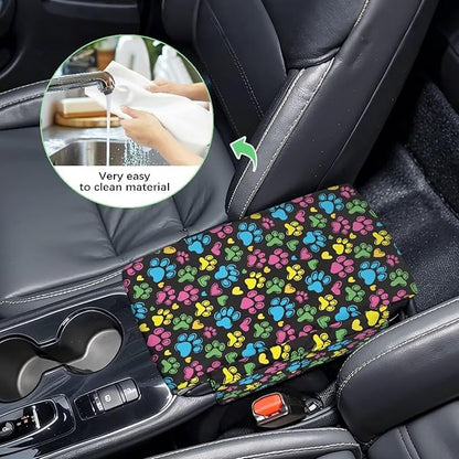 Dreaweet Colorful Dog Paw Center Console Armrest Pad Cover Cute Car Accessories for Women Middle Console Covers with Pockets Soft Anti-Scratch Car Armrest Storage Box Mat