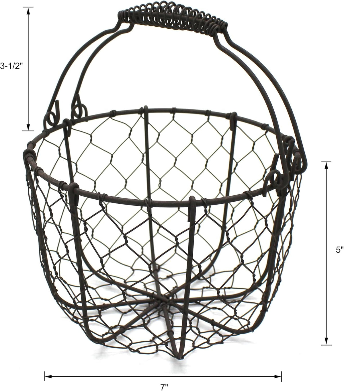 CVHOMEDECO. Round Chicken Wire Egg Basket Fruit Basket with Swing Handles Primitives Vintage Gathering Basket. Rusty