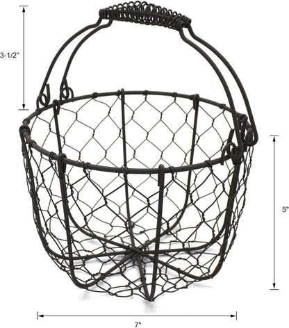 CVHOMEDECO. Round Chicken Wire Egg Basket Fruit Basket with Swing Handles Primitives Vintage Gathering Basket. Rusty
