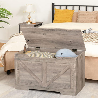 HOOBRO Storage Bench, 29.5” Retro Wooden Storage Chest with U-Shaped Cut-Out Pull, Safety Hinge, Supports 220 lb and Easy Assembly for Toy Box Organizer (Greige) BG77CW01