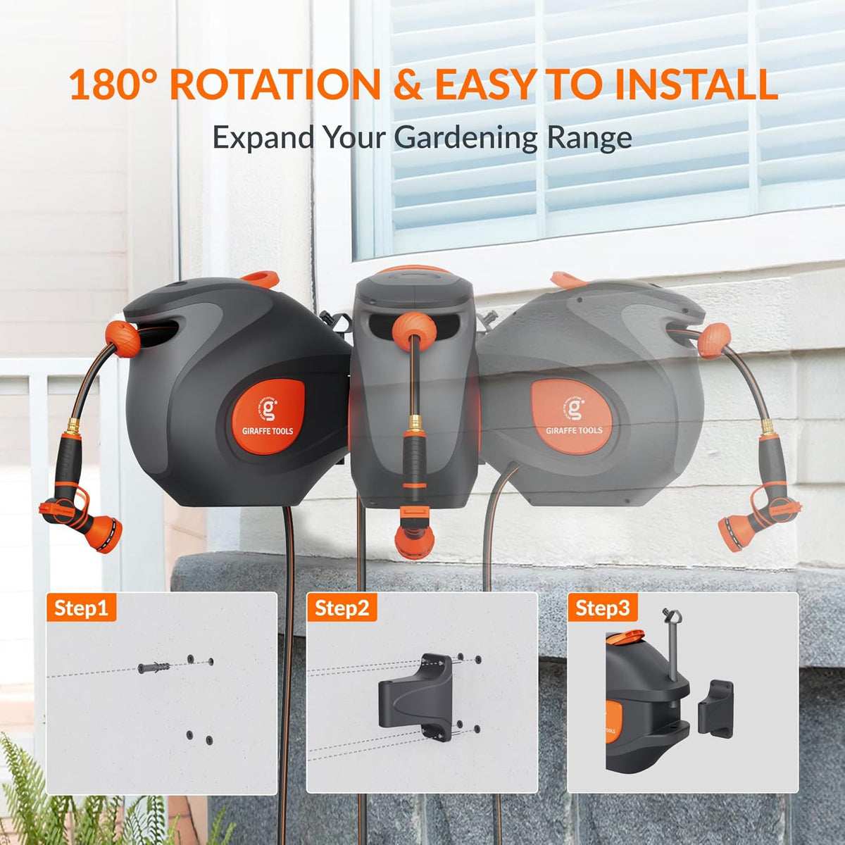 Giraffe Tools BW35 Retractable Garden Hose Reel | Wall-Mounted, Automatic Rewind, 100ft 1/2" Hose with 9-Pattern Spray Nozzle | Outdoor, Lawn, Garden & Car Cleaning Use
