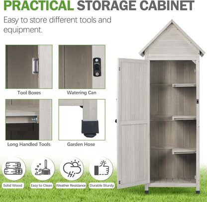 Wooden Outdoor Storage Cabinet with Waterproof Metal Roof Vertical Garden Tool Shed Adjustable Shelves, Perfect for Yards, Patios, Decks and Porches (Light Gray, 22" x 26" x 67")