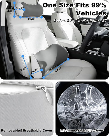 Car Lumbar Support and Neck Support Headrest Pillow Kit, Ergonomic Memory Foam Cushion for Sciatica & Tailbone Pain Relief – Fits Car Seat, Office Chair & Wheelchair