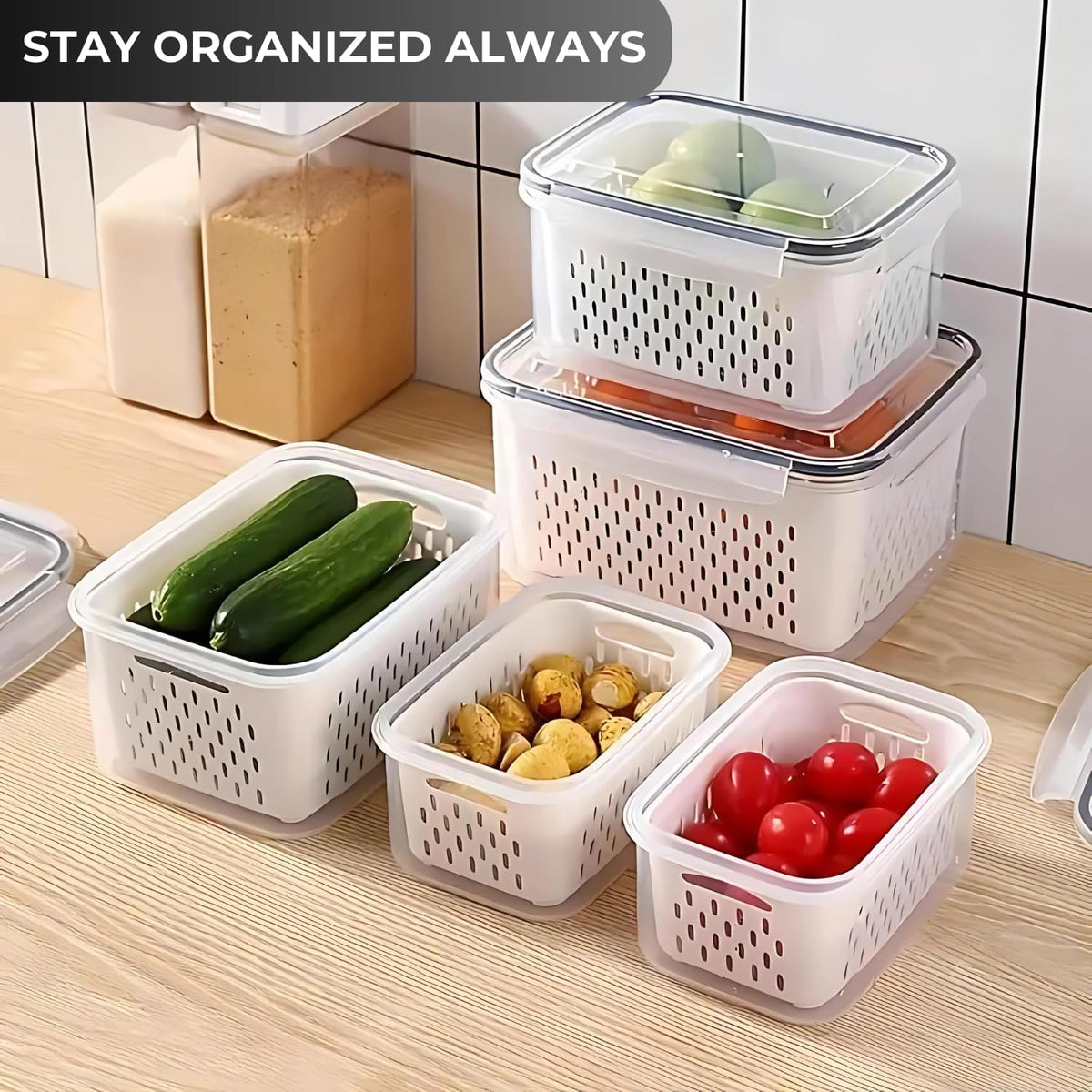 4 PCS Fruit Containers for Fridge, Leakproof fruit storage containers for fridge with Removable Colander