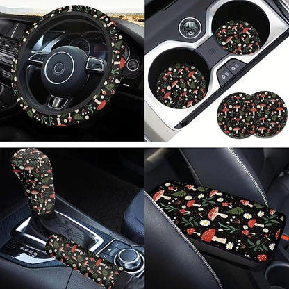 Small Mushroom Car Accessories for Women 6 Pcs Steering Wheel Cover Protector Set Cup Coaster Car Armrest Cover Fits Most Cars Trucks Vans and SUV