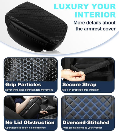 Armrest Cover for Nissan Frontier 2022-2025 Center Console Pad with Organizer Storage Pockets, Black Faux Leather Arm Rest Lid Protector Cushion D41 Interior Accessories