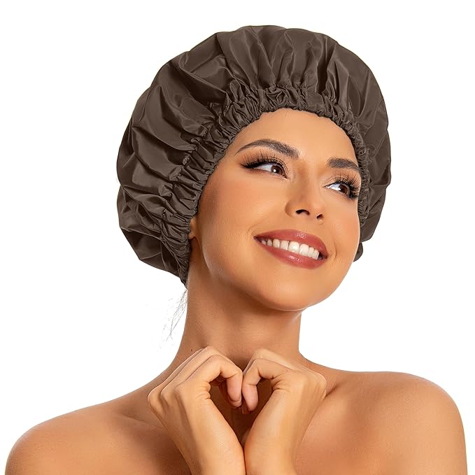 Reusable Shower Cap for Women, Large Waterproof Shower Essentials Bonnet Washable Elastic Band Bath Hair Wrap Hat for Long Hair, Braids(Dark Coffee)