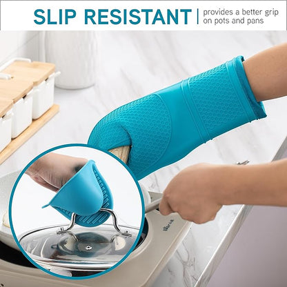 COOK WITH COLOR Silicone Oven Mitts- Heat Resistant Gloves with Soft Quilted Lining Oven Mitt Pot Holders for Cooking and BBQ, Teal, Mitt Set