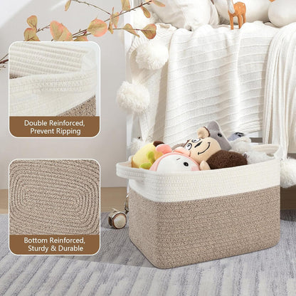 Storage Basket for Organizing, Woven Baskets for Storage, Rectangle Decorative Baskets for Shleves, Closet, Toys, Books, Nursery Organizer Bins - Pack of 3 (Brown & White, 13"x9.85"x8.7")
