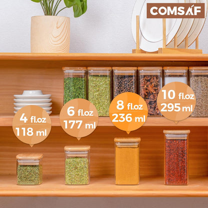 ComSaf 12Pcs Glass Spice Jars with Bamboo Lid, 8oz Airtight Square Containers with 275 Black Lables, Empty Seasoning Jars for Spice Salt Sugar