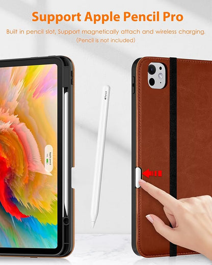 DTTO for iPad Pro 13 Inch Case (M5/M4) 2025/2024, Premium Leather Business Folio Stand Cover with Pencil Holder - Auto Wake/Sleep & Multiple Viewing Angles, Built in Hand Strap & Pocket, Brown