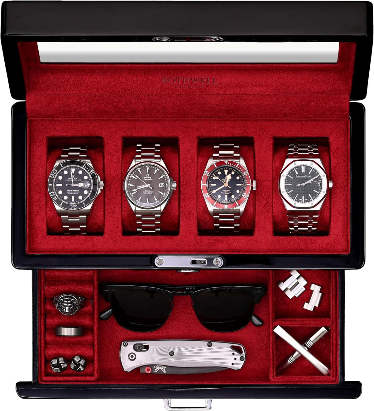 ROTHWELL 4-Slot Piano Black Watch Box with Valet Drawer - Premium Jewelry Display Case Organizer with Locking Glass Top and Microsuede Liner for Men & Women (Red Interior)
