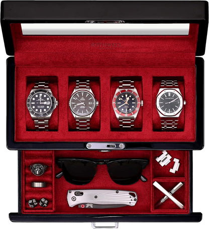 ROTHWELL 4-Slot Piano Black Watch Box with Valet Drawer - Premium Jewelry Display Case Organizer with Locking Glass Top and Microsuede Liner for Men & Women (Red Interior)