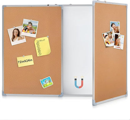 72"x24" Tri-fold Cork Board Whiteboard, Foldable Combination Magnetic Dry Erase