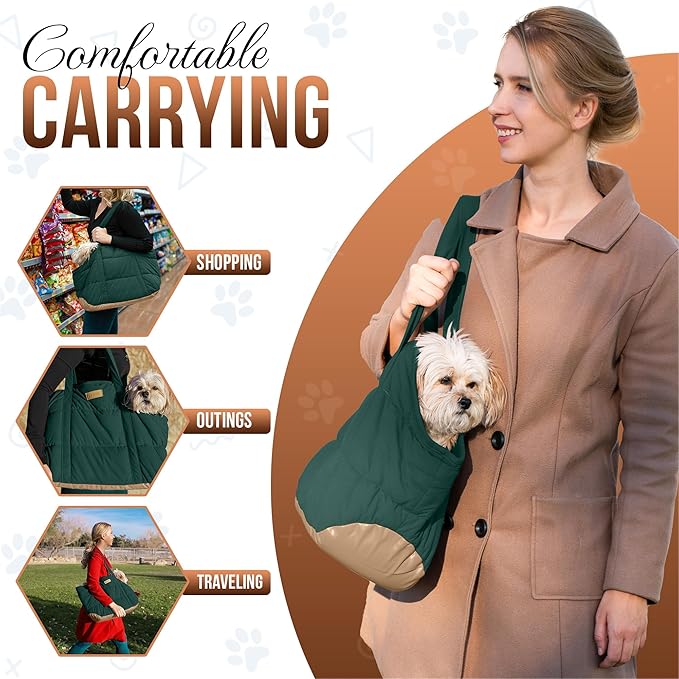 NoblePup Plush Dog Purse Carrier for Small Dogs, Soft Dog Tote Bag with Safety Harness Clip, Cozy Pet Carrier for Dogs Under 15 lbs, Comfortable Dog Shoulder Carrier for Travel, Green