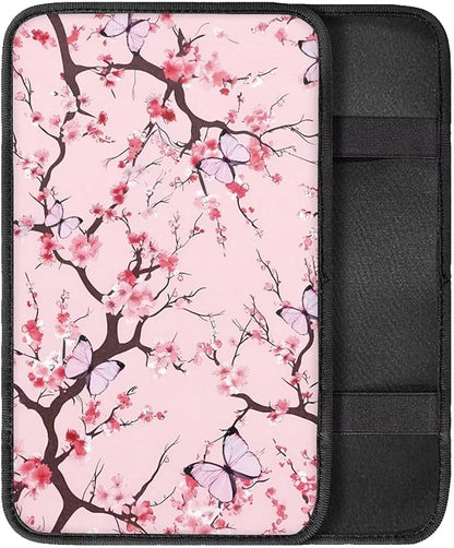 Pink Cherry Blossom Thin Car Armrest Pads Auto Armrest Box Cover Comfortable Middle Storage Organizer Pad Universal Style Car Accessories Decor