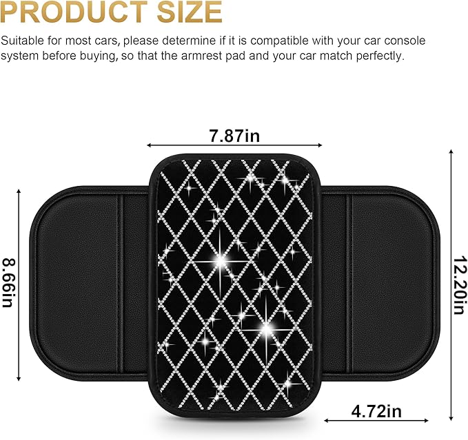 Center Console Cover Fit for Passport: Upgraded Bling Diamond Car Armrest Cover - Crystal Rhinestone Car Center Console Cover with 2 Storage Bags,Anti-Scratch Auto Armrest Pad Accessory （Black