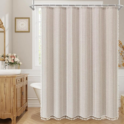 MitoVilla Boho Extra Long Shower Curtain 72 x 96, Taupe Modern Farmhouse 96 inch XL Polyester Linen Texture Tassel Fabric Shower Curtain Set with Hooks for Cottagecore Country Bathroom Decor,Taupe
