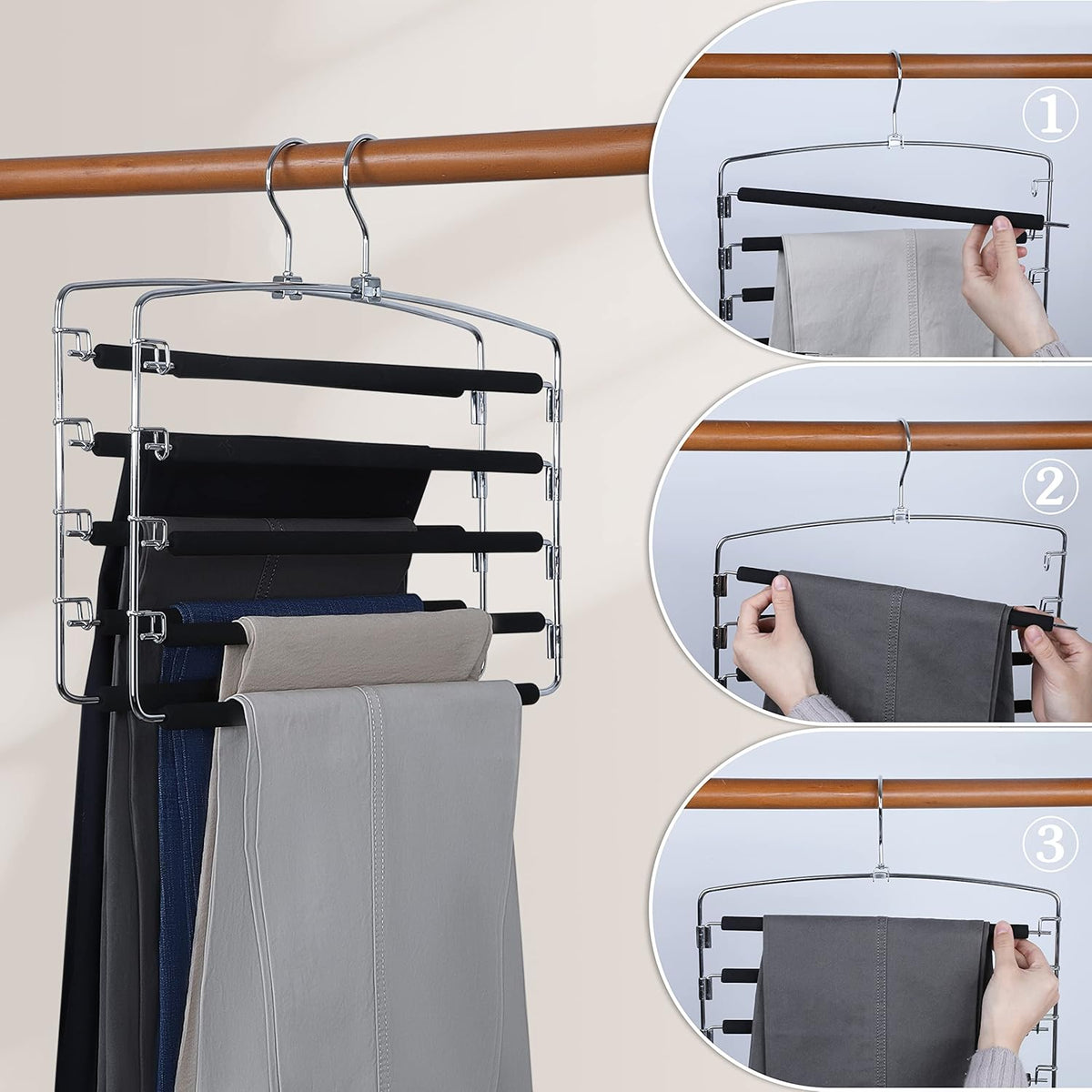 TOPIA HANGER Pants Hangers Space Saving, 2-Pack Swing Arm Pants Organizer for Closet, Non-Slip Foam Padded Organizer Hanger for Multi Slacks, Jeans, Trousers, Skirts, Scarfs, Black-CT08B