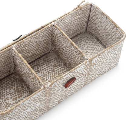 Seagrass Storage Basket with Lid Rectangular Small Woven Shelf Baskets with Sections for Organize Snack Toys Whitewash