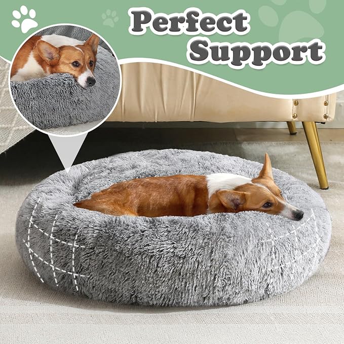 JOLLYVOGUE Dog & Cat Bed, Calming Anti-Anxiety Pet Bed for Small Dogs, Fluffy Donut Cushion for Small and Medium Pets (23")